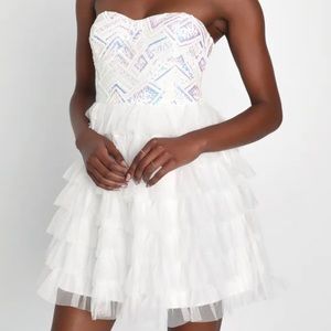 Lulus Exceptional Charm White Tulle Sequin Strapless Mini Dress